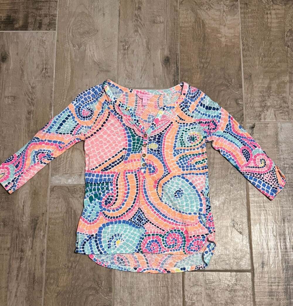Lilly Pulitzer Long Sleeve Linen Blouse Top XS Mosaic Tile Wave Multicolor